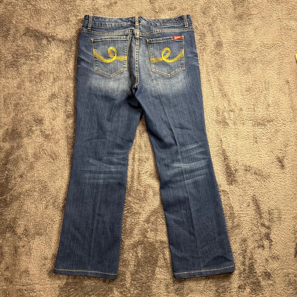 Seven7 Womens Bootcut Jeans Size 14 Medium Wash Stretch Denim Yellow Embroidery